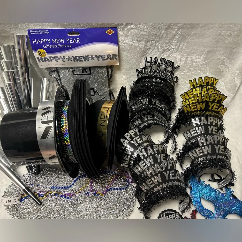 New Years Eve party kit 9 hats 31 necklaces banner mask 12 tiaras 30 horns